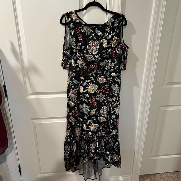 NWT $396 Eva Franco 10 M Velvet Floral Hi Lo Ruffle Maxi Dress - Picture 2 of 8